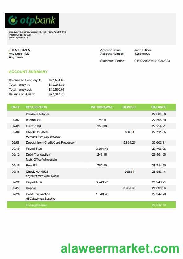 Croatia OTP bank statement template, Word and PDF format, version 2